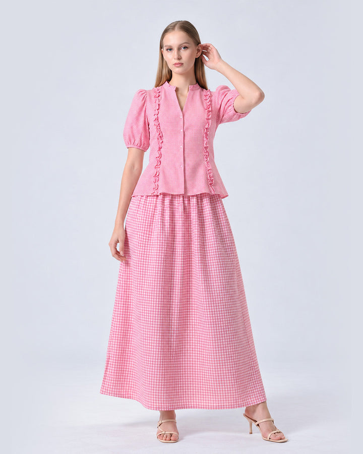 REIZE Gingham Puff Sleeve Co-ord Set ( Pink )