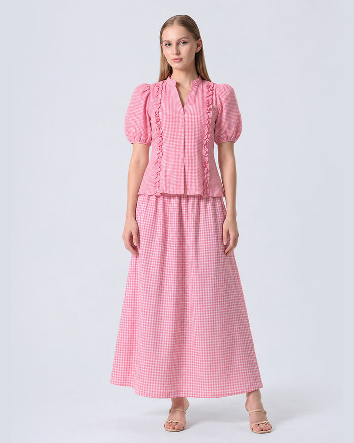 REIZE Gingham Puff Sleeve Co-ord Set ( Pink )