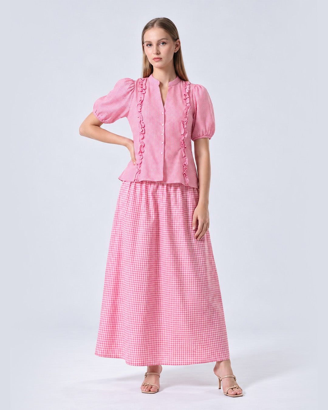 REIZE Gingham Puff Sleeve Co-ord Set ( Pink )