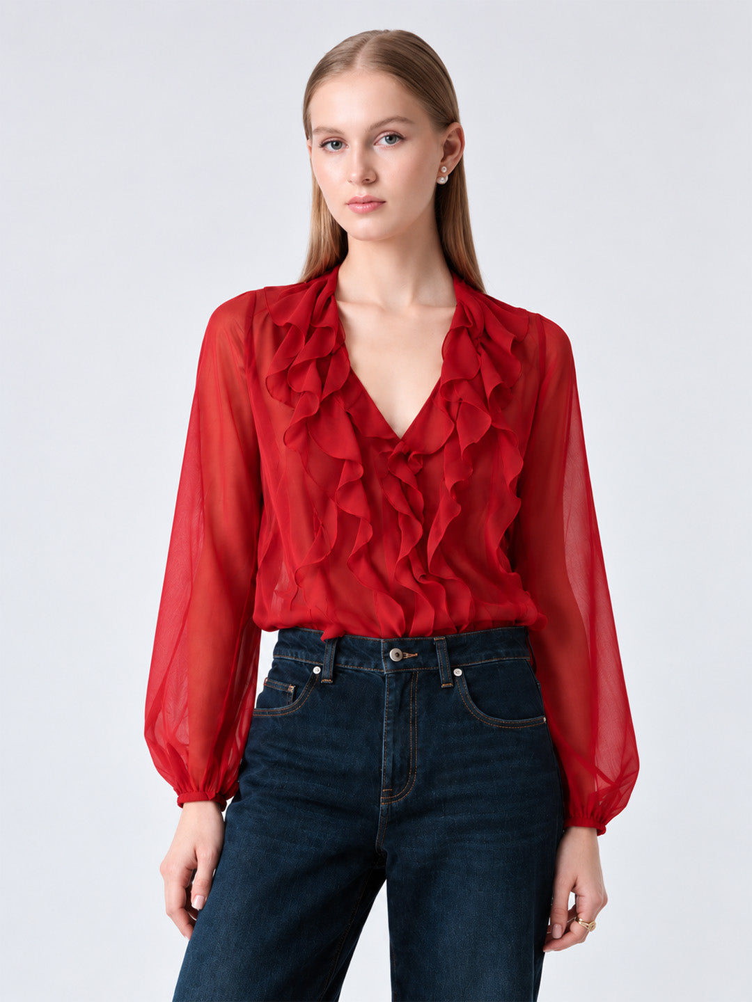 AIRE Ruffle Georgette Shirt Red