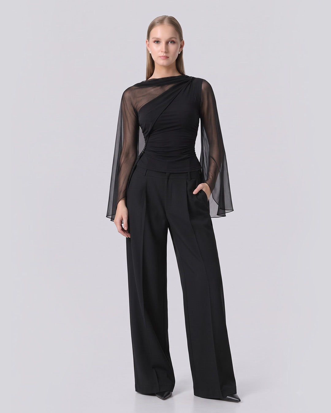 MAEVE Ruched Asymmetric Black Top