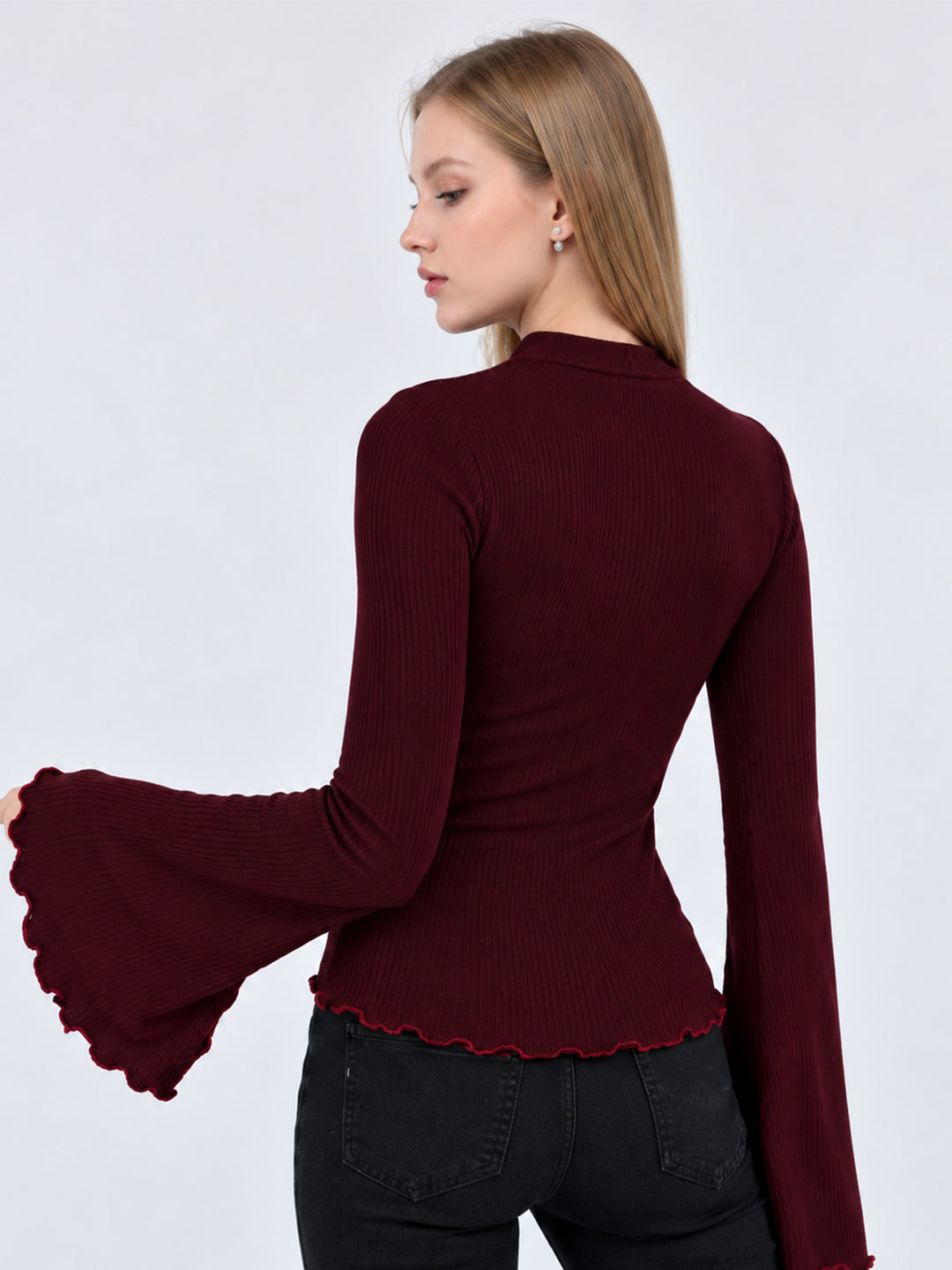 NELLIE RIBBED BELL SLEEVE TOP (WINE)