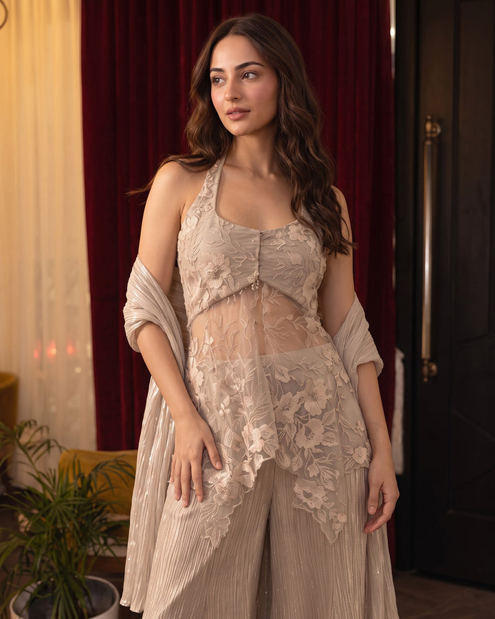 Neev Georgette Indo-Western Sharara Set (White)