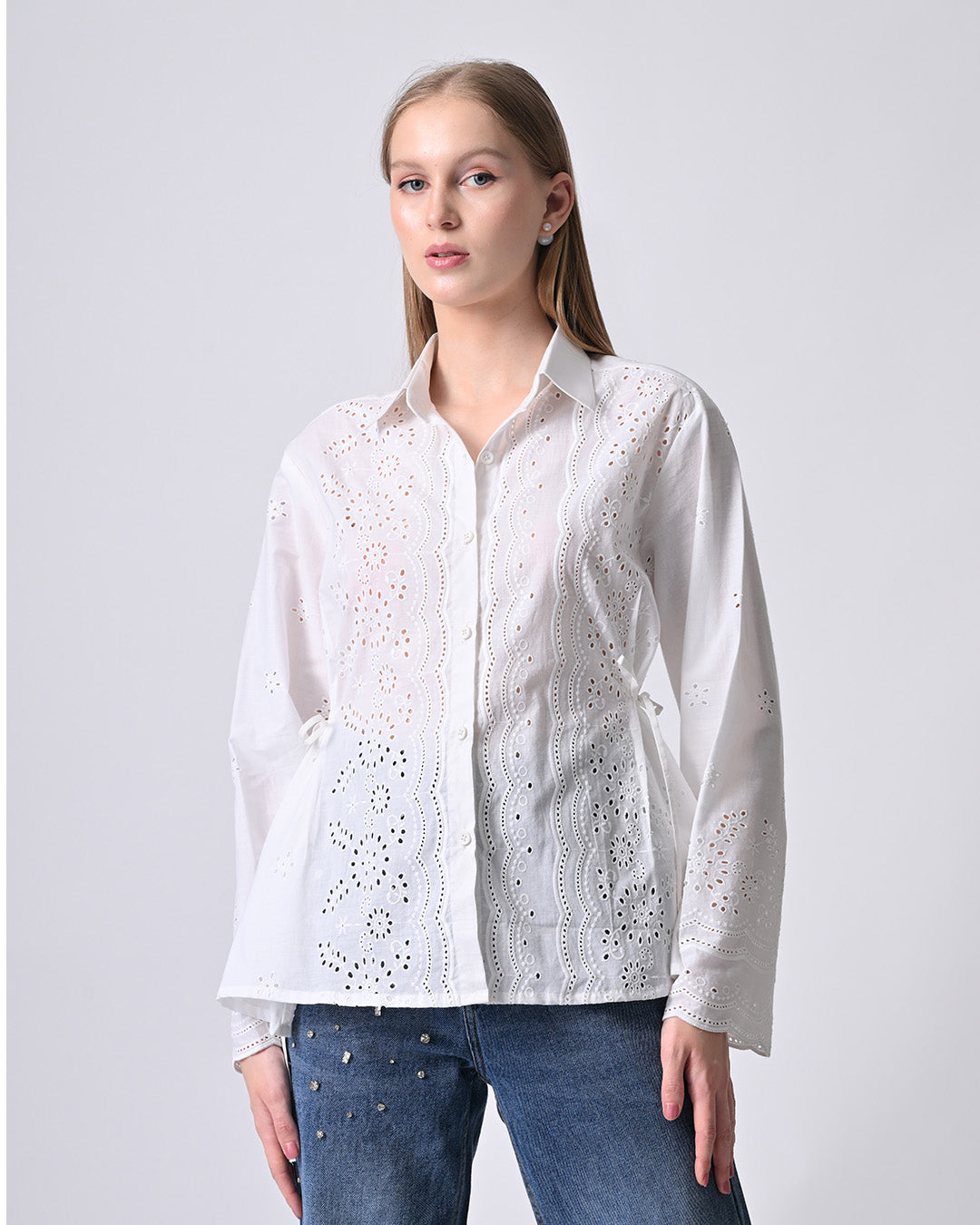 VIANA SCHIFFLI EMBROIDERED COTTON SHIRT (White)