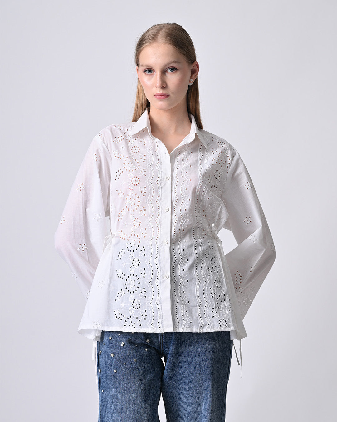 VIANA SCHIFFLI EMBROIDERED COTTON SHIRT (White)