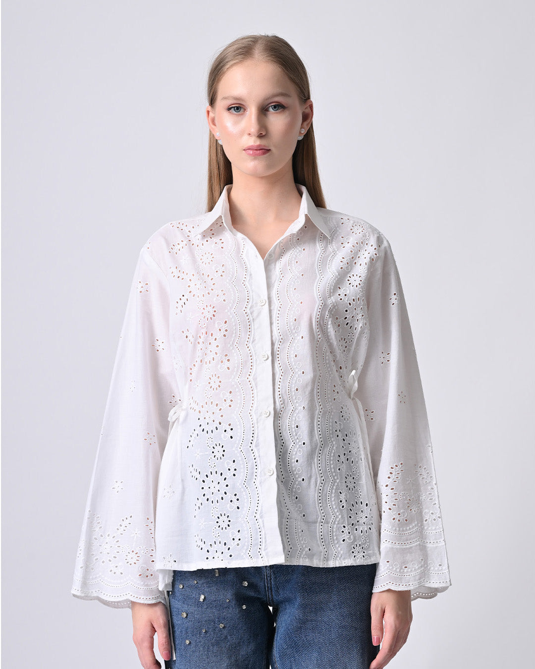 VIANA SCHIFFLI EMBROIDERED COTTON SHIRT (White)
