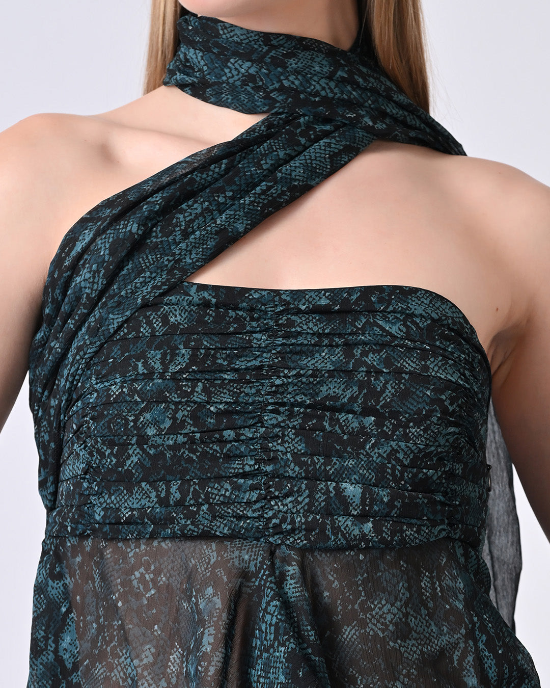 ZARAH Snake Print Off-Shoulder Drape Top (Teal)