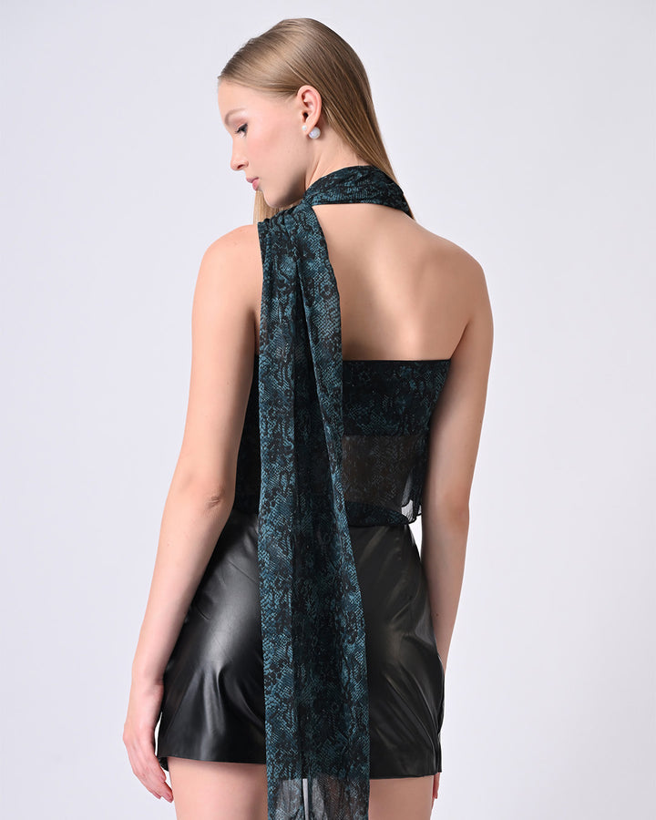 ZARAH Snake Print Off-Shoulder Drape Top (Teal)