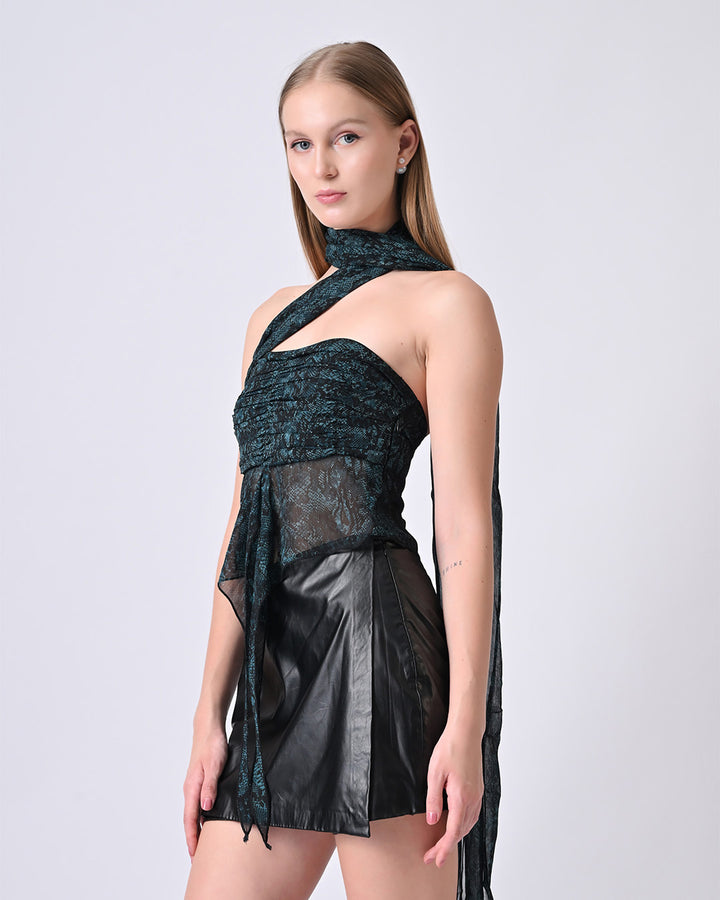 ZARAH Snake Print Off-Shoulder Drape Top (Teal)