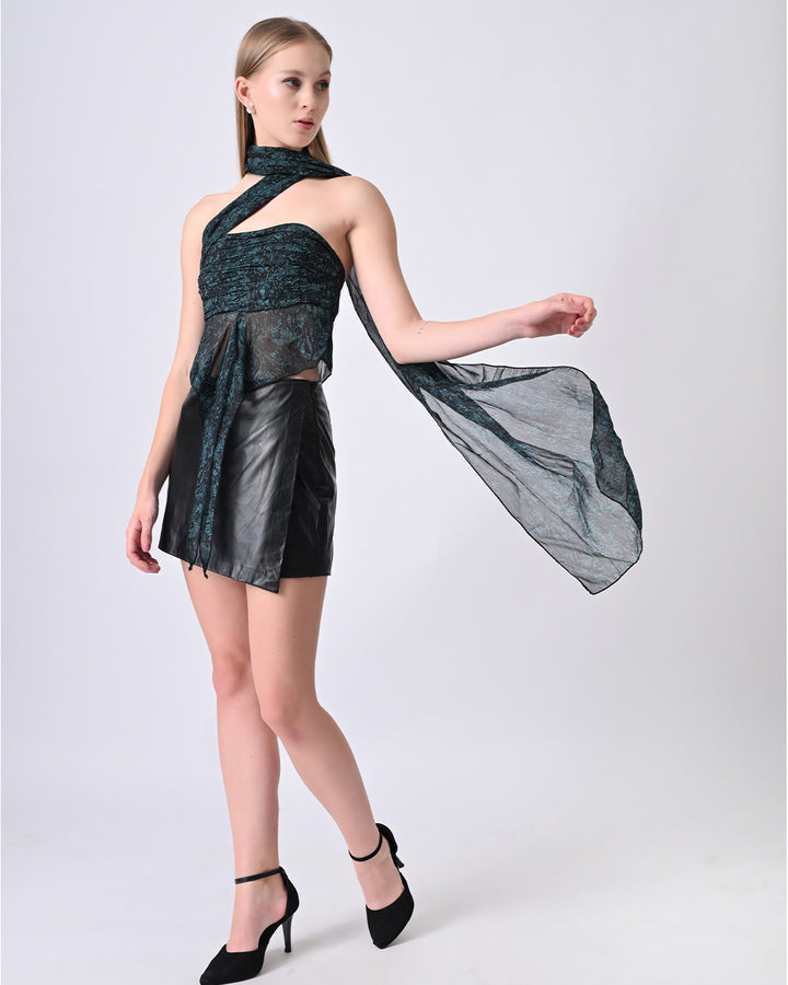 ZARAH Snake Print Off-Shoulder Drape Top (Teal)