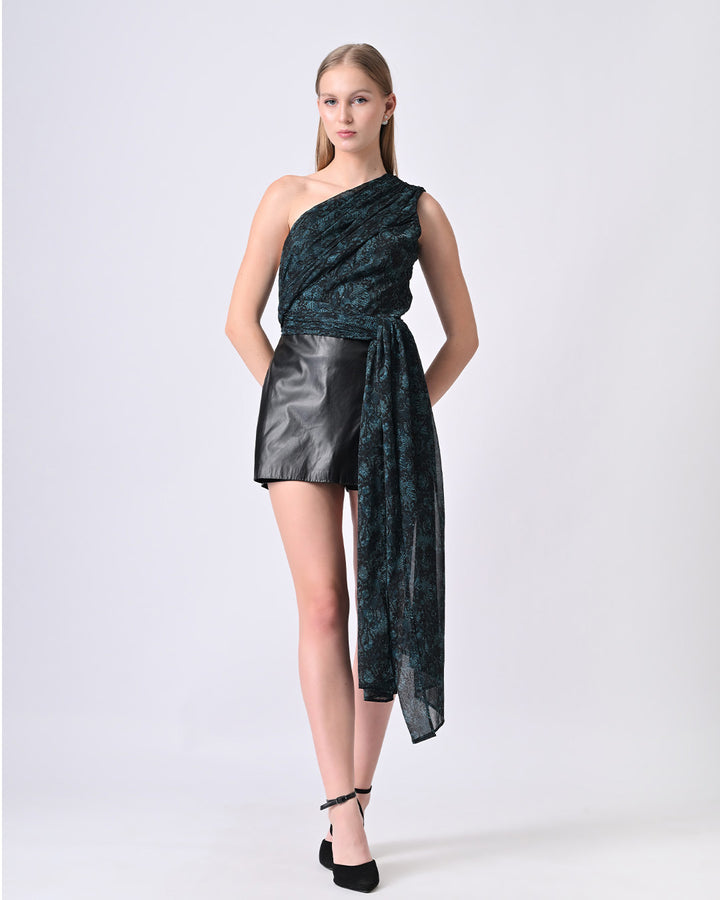 ZARAH Snake Print Off-Shoulder Drape Top (Teal)