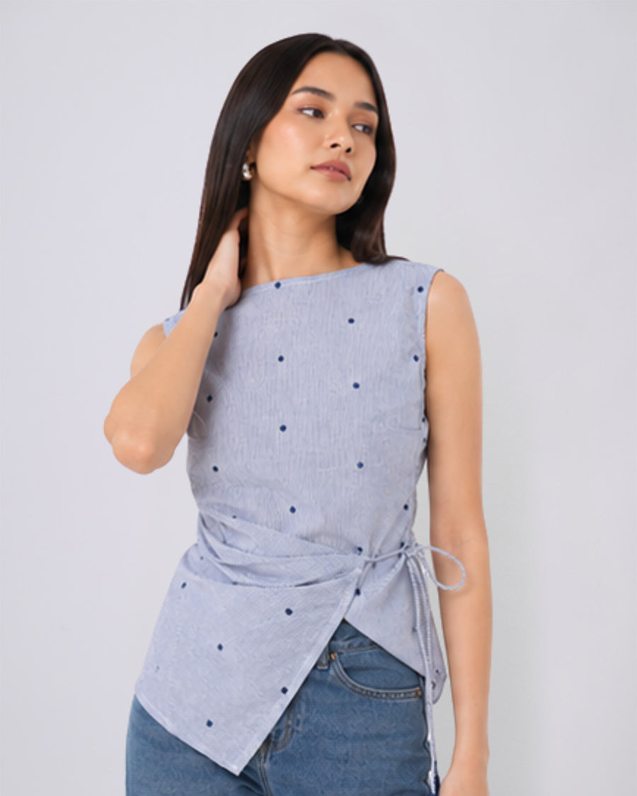 Selah Polka Dot Cotton Blend Top (Blue)