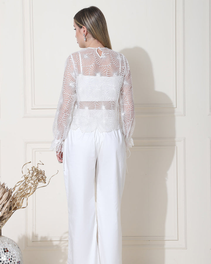 Lisa, Embroidered Net Elegance Co-Ord Set(Clean white)