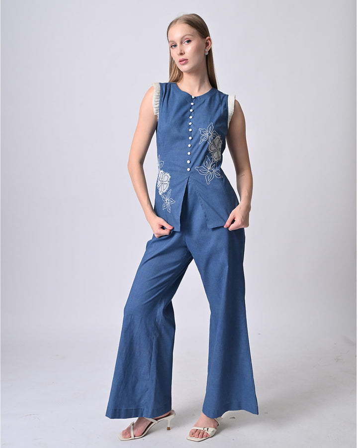 JULIAN EMBROIDERED COTTON CO-ORD SET (Blue)