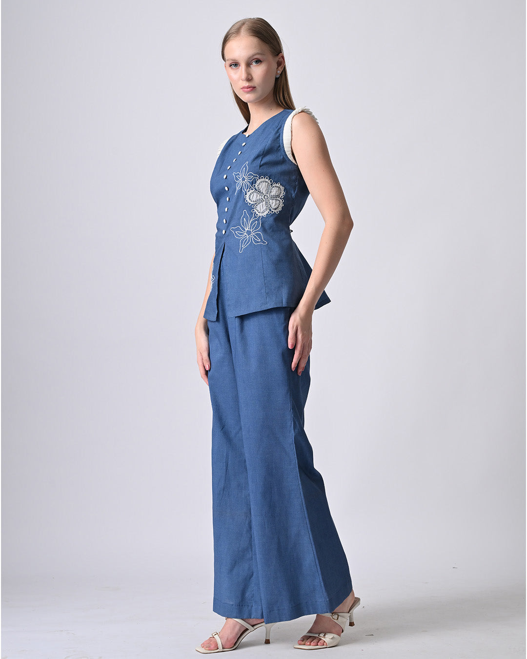JULIAN EMBROIDERED COTTON CO-ORD SET (Blue)