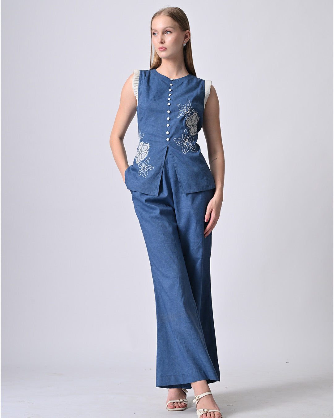 JULIAN EMBROIDERED COTTON CO-ORD SET (Blue)