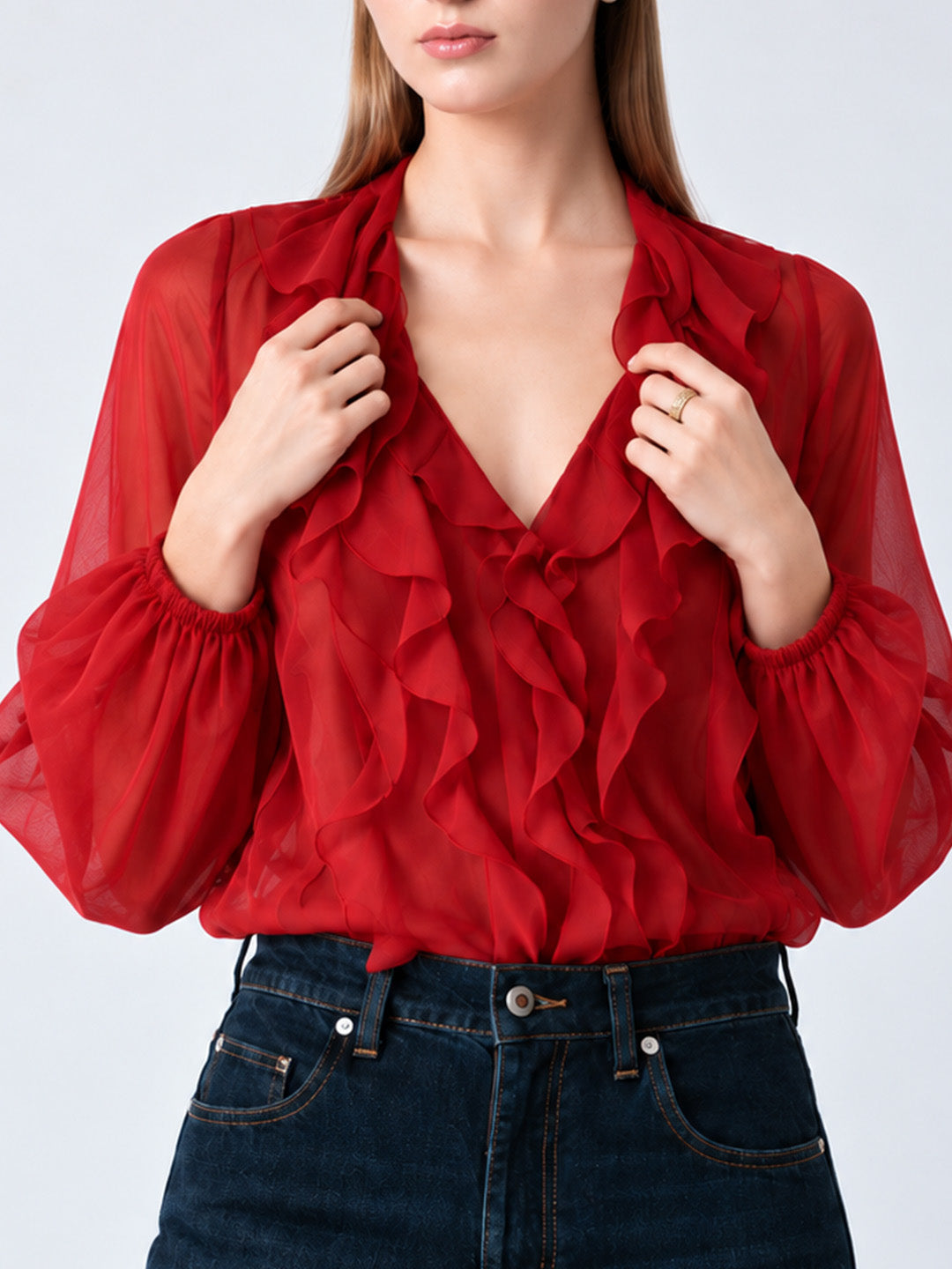 AIRE Ruffle Georgette Shirt Red