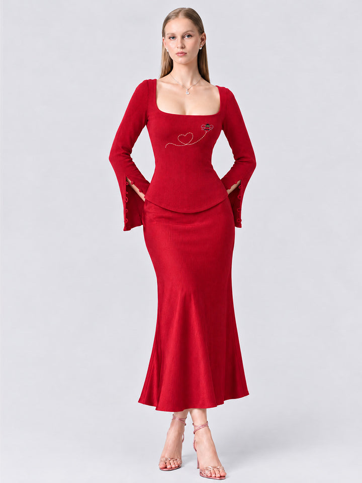 DORA RED EMBROIDERED KNIT TOP