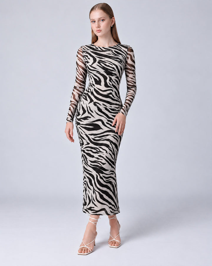 BRITTANY ZEBRA PRINT MESH BODYCON DRESS