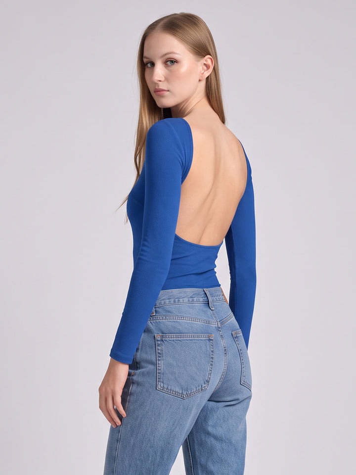 ZORA BLUE OPEN-BACK KNIT TOP