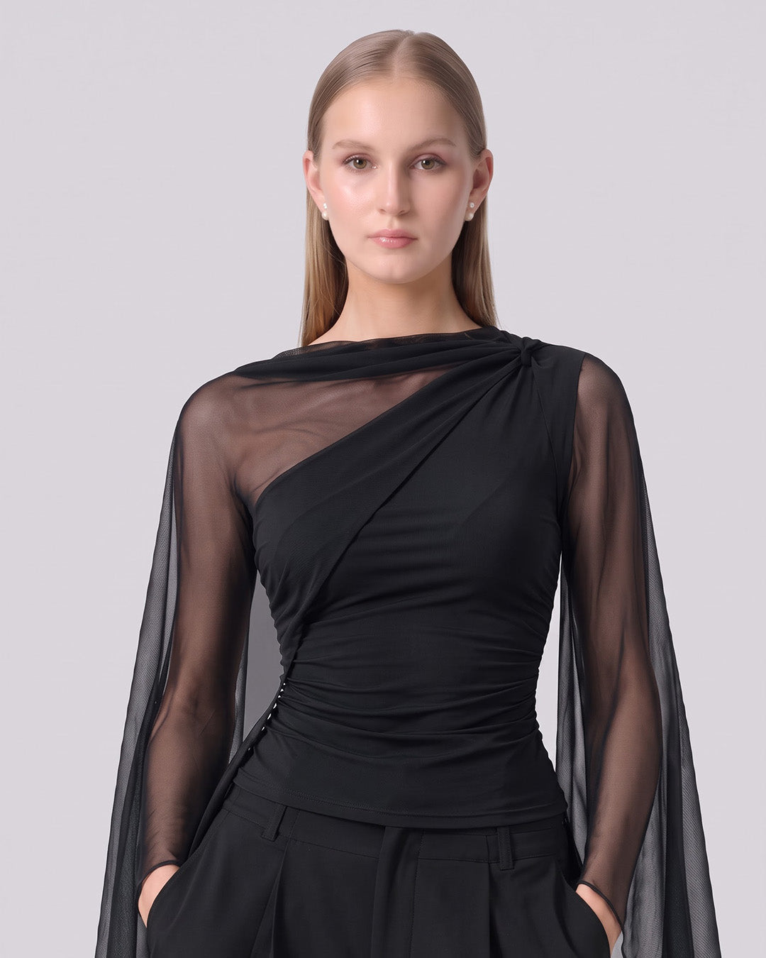 MAEVE Ruched Asymmetric Black Top