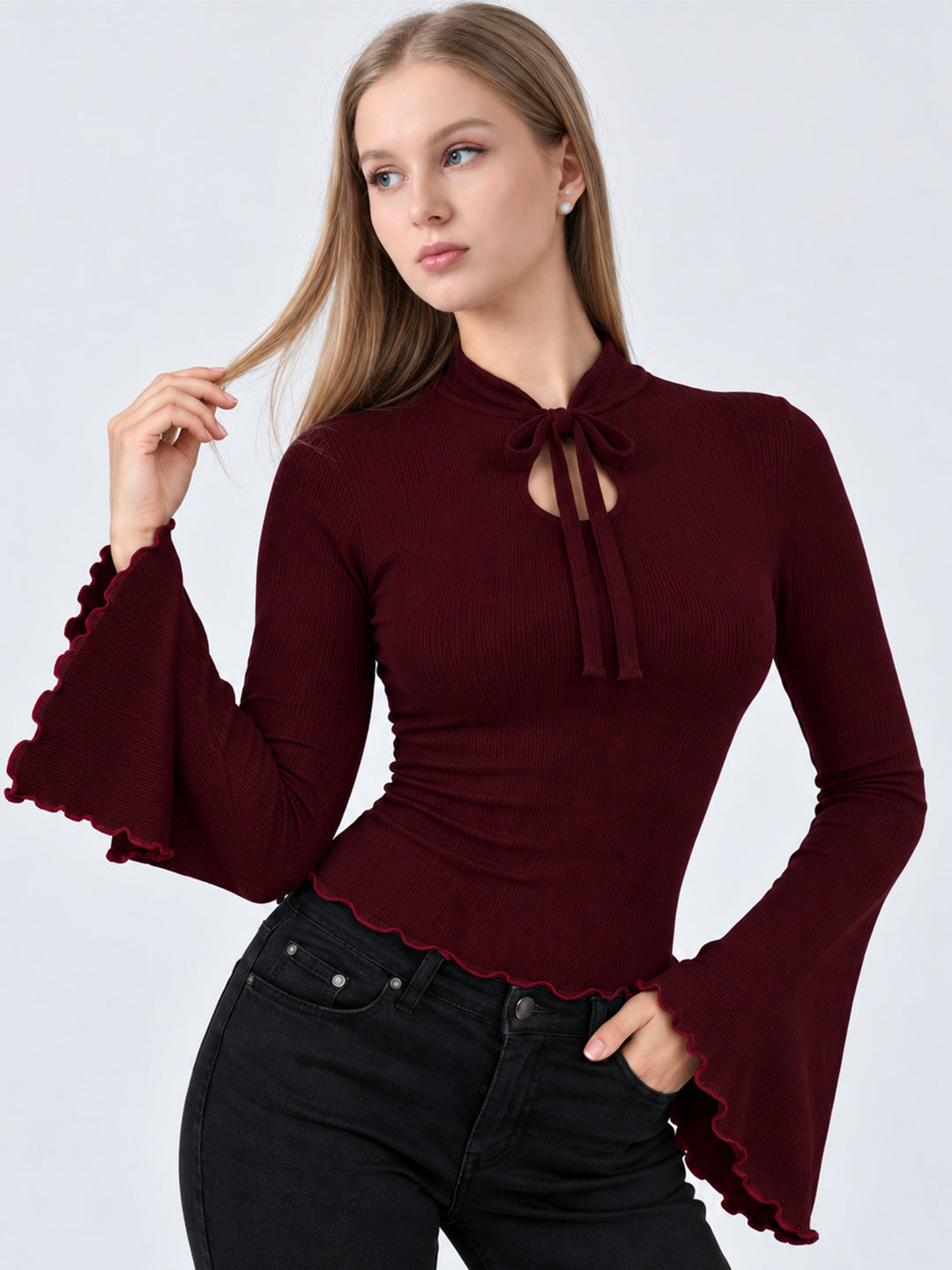 NELLIE RIBBED BELL SLEEVE TOP (WINE)