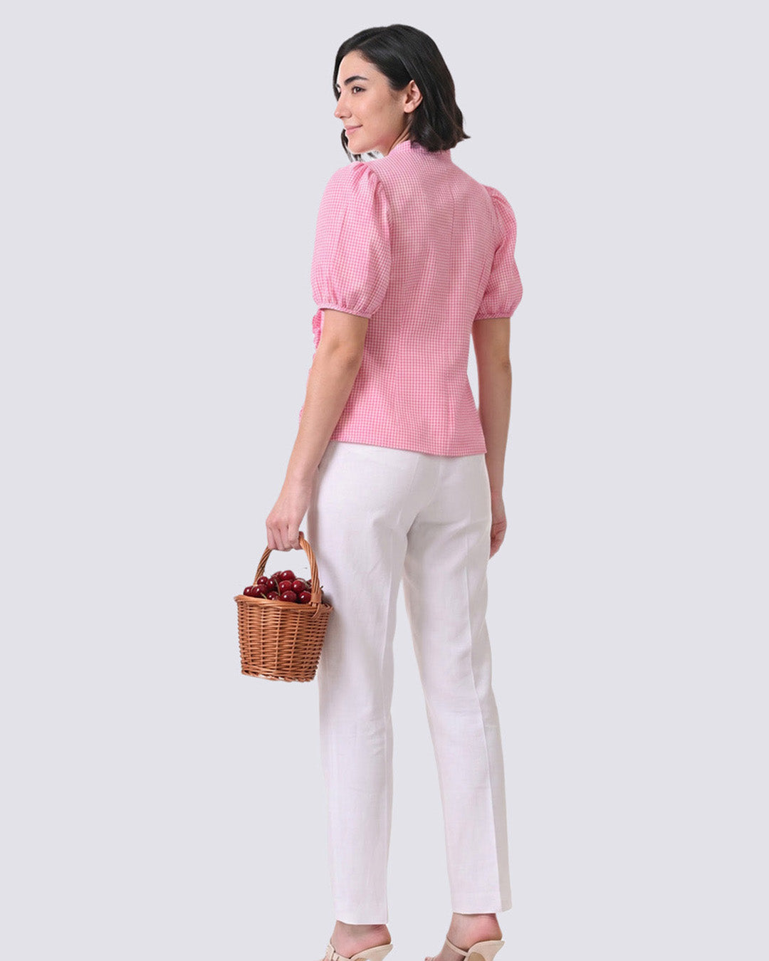 REIZE Pink Gingham Puff Sleeve Top