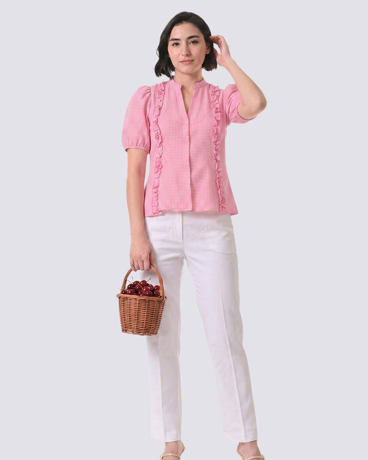 REIZE Pink Gingham Puff Sleeve Top