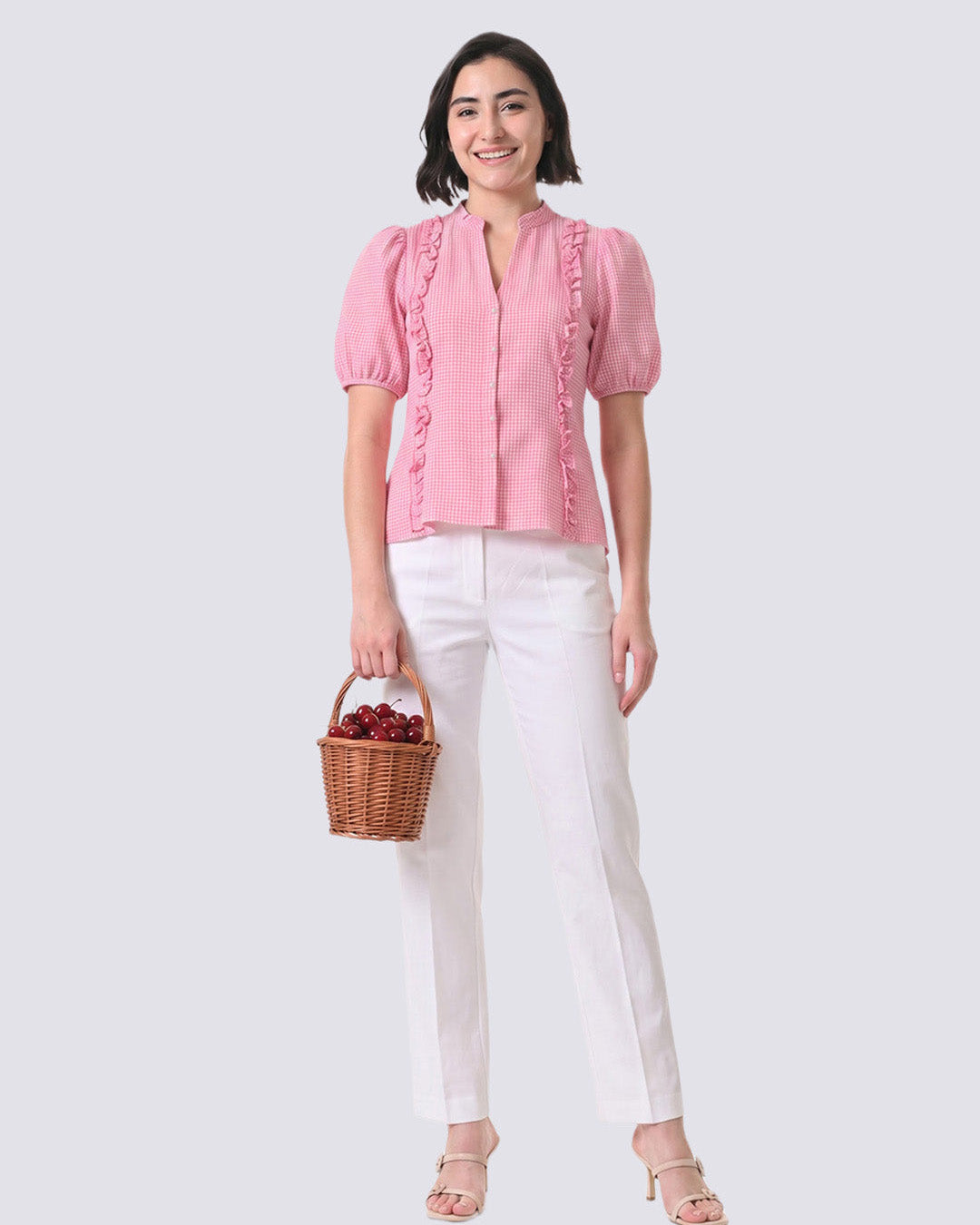 REIZE Pink Gingham Puff Sleeve Top