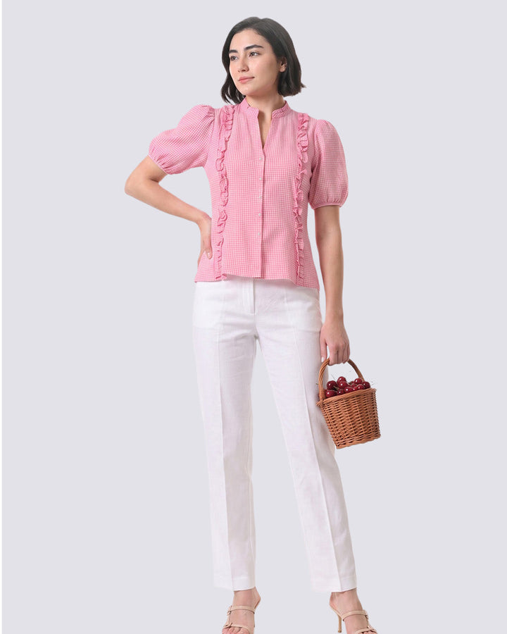 REIZE Pink Gingham Puff Sleeve Top