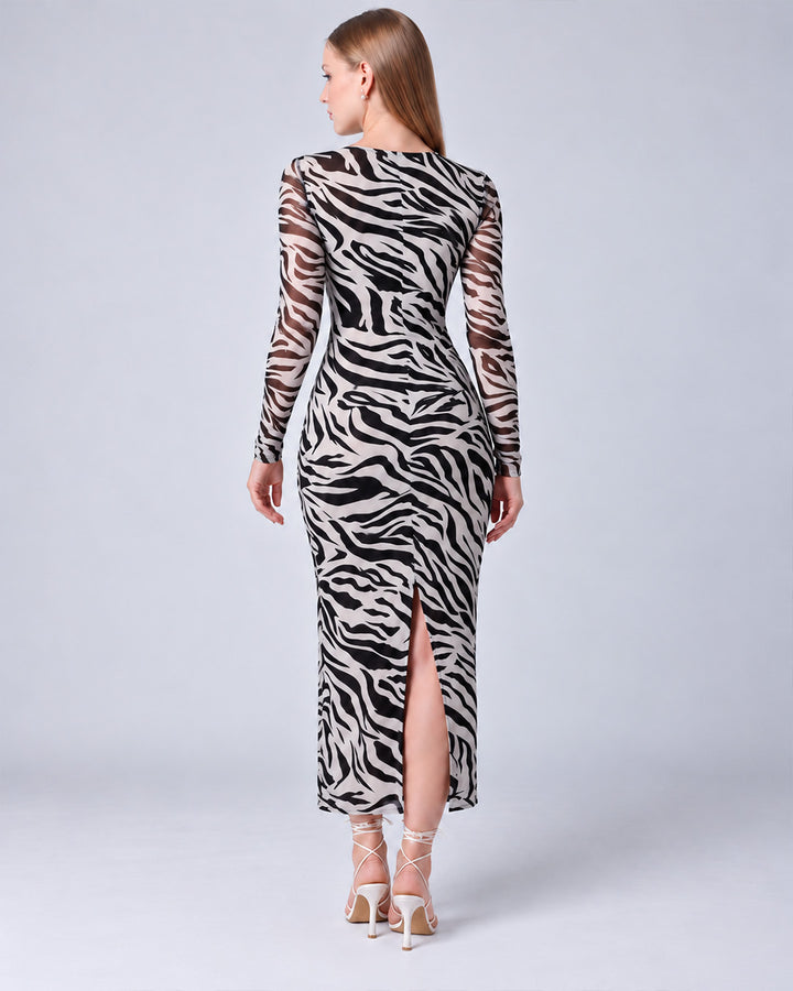 BRITTANY ZEBRA PRINT MESH BODYCON DRESS