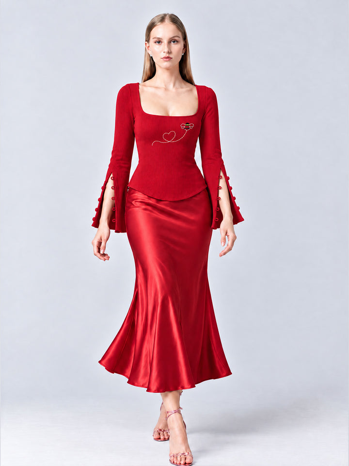 DORA RED EMBROIDERED KNIT TOP