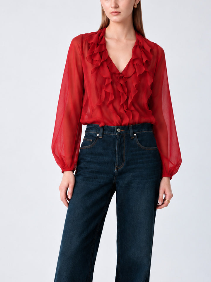 AIRE Ruffle Georgette Shirt Red
