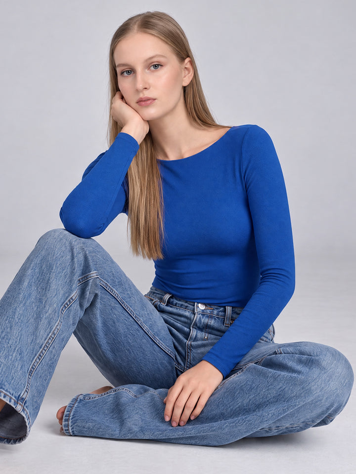 ZORA BLUE OPEN-BACK KNIT TOP