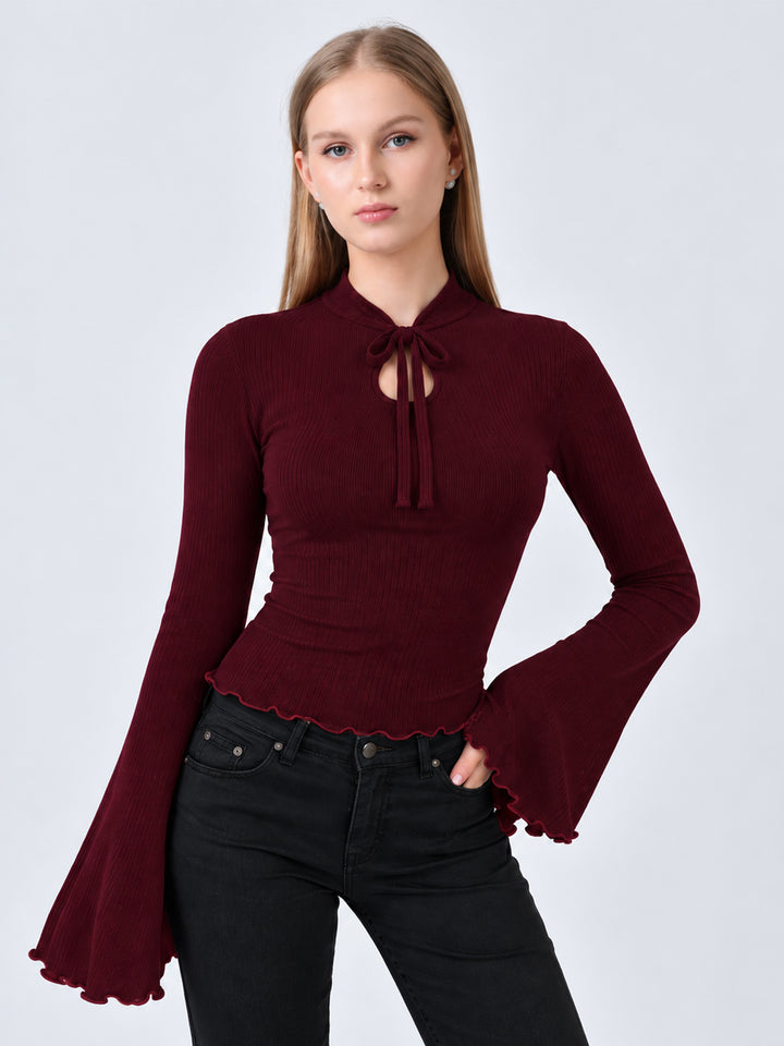 NELLIE RIBBED BELL SLEEVE TOP (WINE)