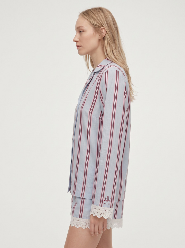Lacy Bloom Powder Blue Striped Cotton Shorts Co-Ord
