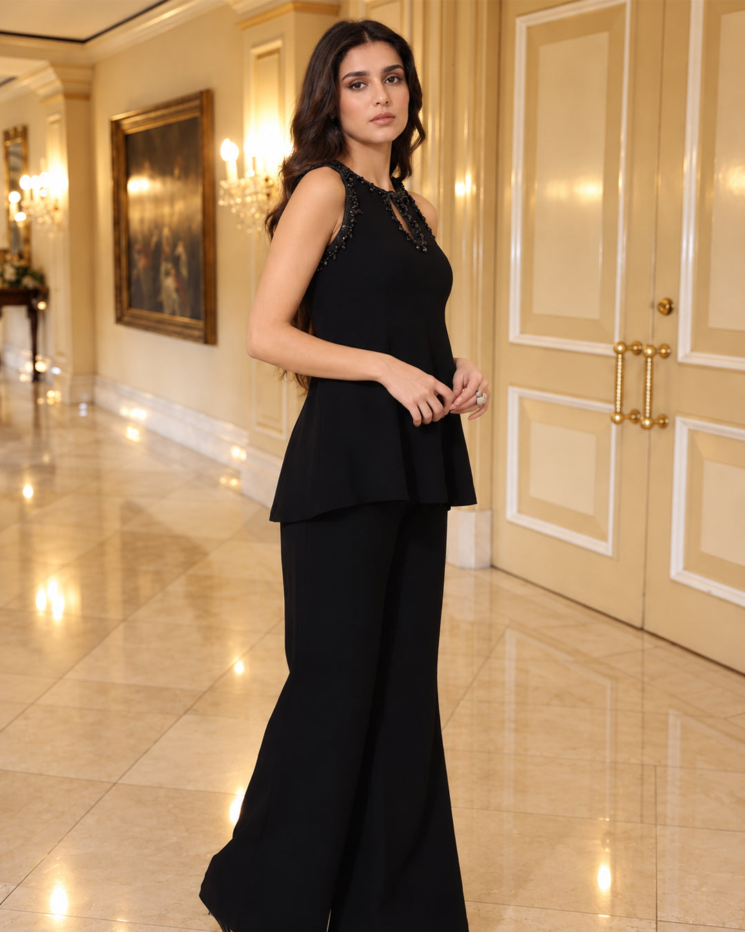 Aries,Luxurious Western Crepe co-ord Set (Black)