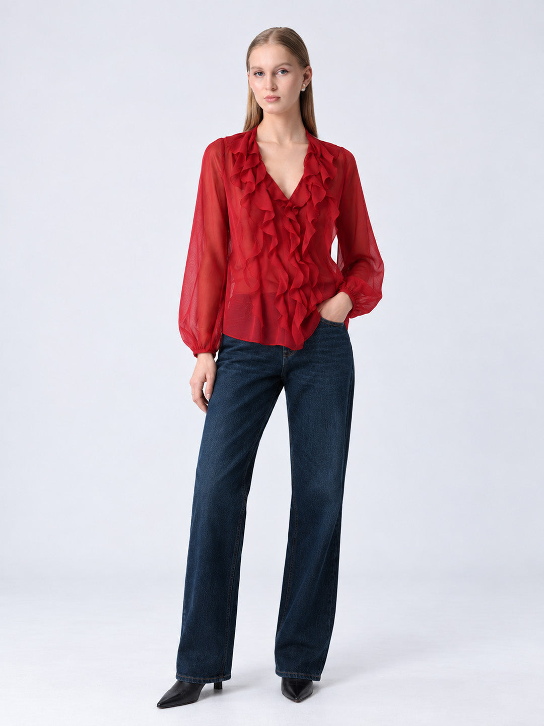 AIRE Ruffle Georgette Shirt Red