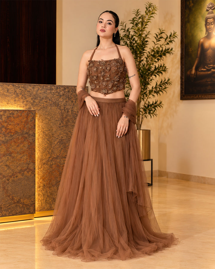 Airen Mocha Brown Mesh Lehenga Set