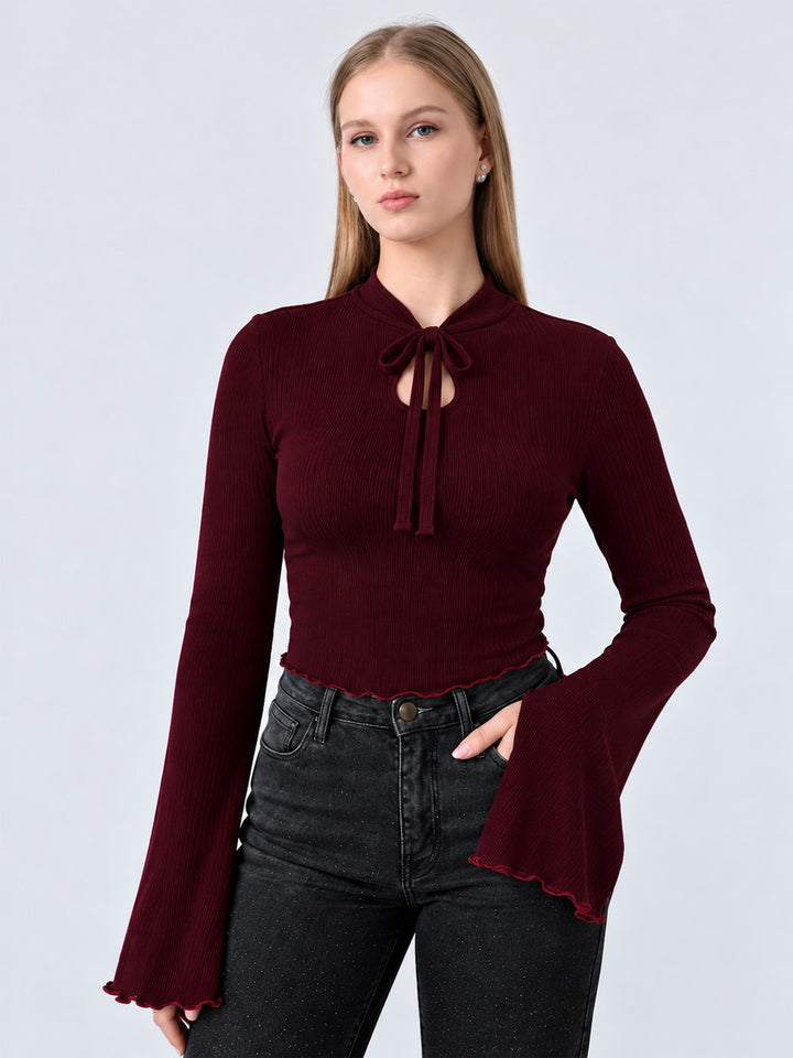NELLIE RIBBED BELL SLEEVE TOP (WINE)