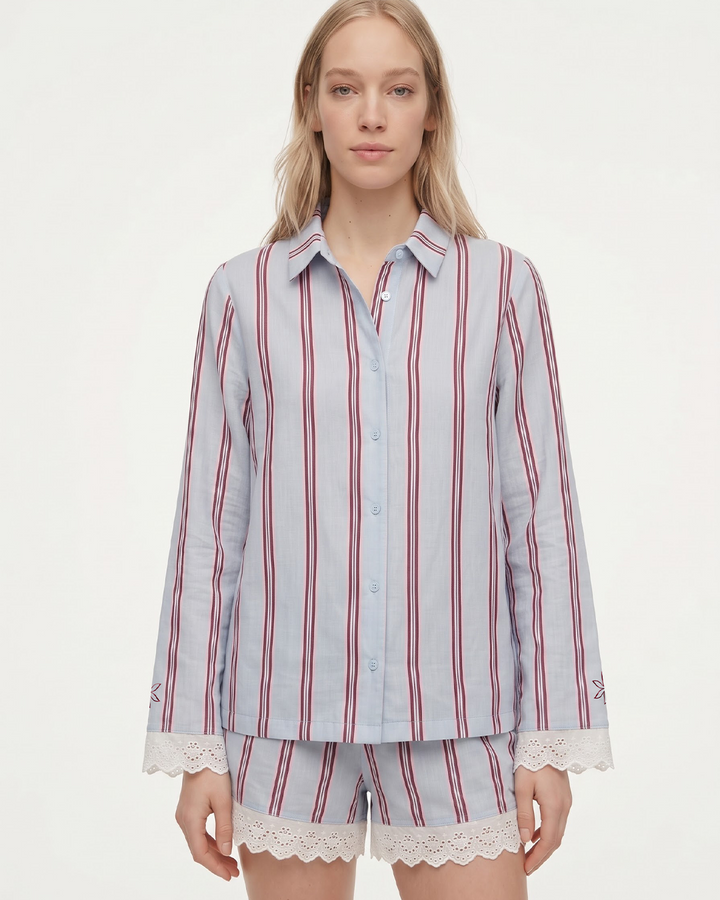 Lacy Bloom Powder Blue Striped Cotton Shorts Co-Ord