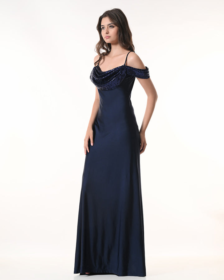 NASHIRA, Navy Off-Shoulder Sequin Drape Dress