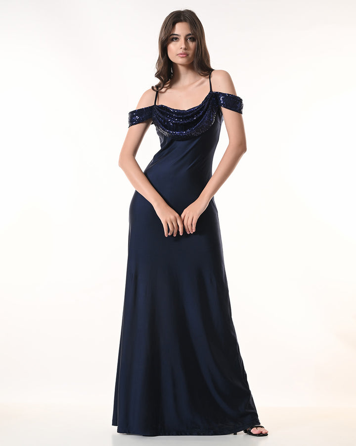 NASHIRA, Navy Off-Shoulder Sequin Drape Dress