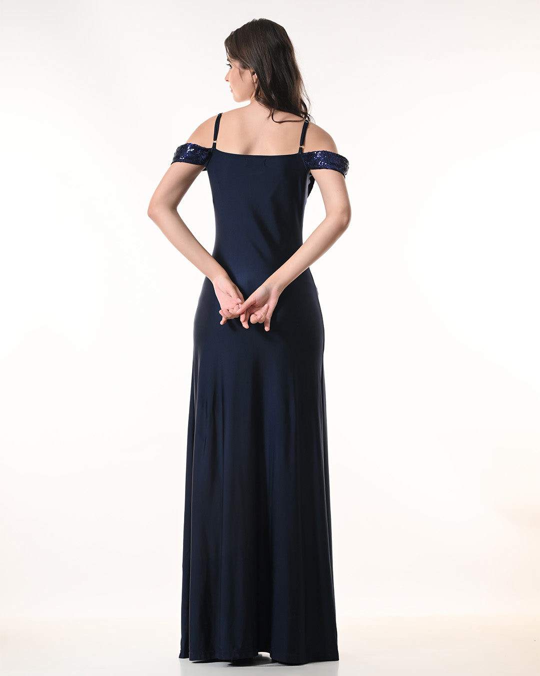 NASHIRA, Navy Off-Shoulder Sequin Drape Dress