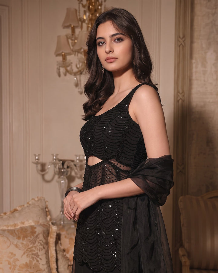 SOPHIA, Embroidered Net Indo-Western Sharara Set (Black)