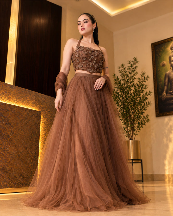 Airen Mocha Brown Mesh Lehenga Set