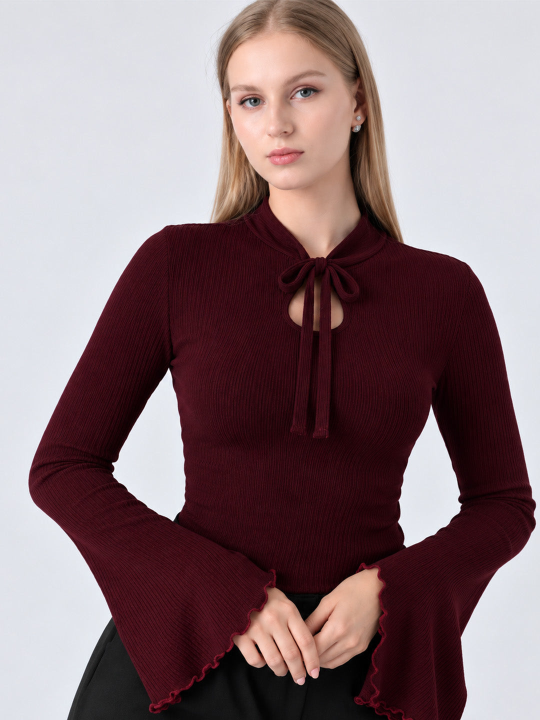 NELLIE RIBBED BELL SLEEVE TOP (WINE)