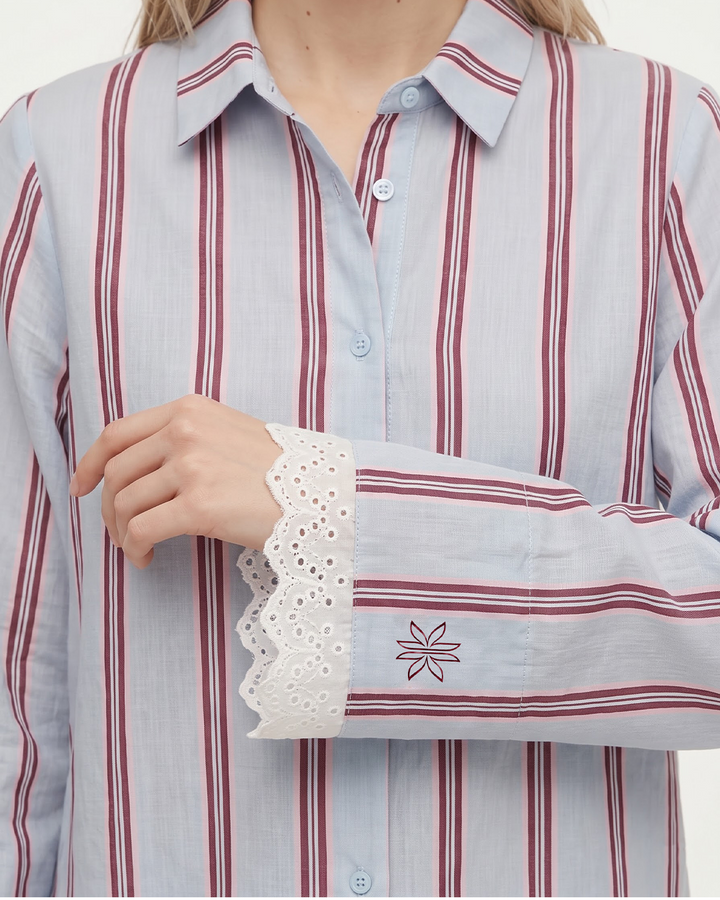 Lacy Bloom Powder Blue Striped Cotton Shorts Co-Ord
