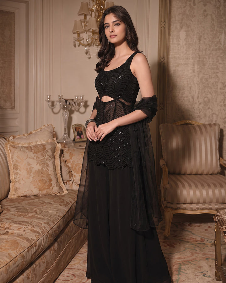 SOPHIA, Embroidered Net Indo-Western Sharara Set (Black)