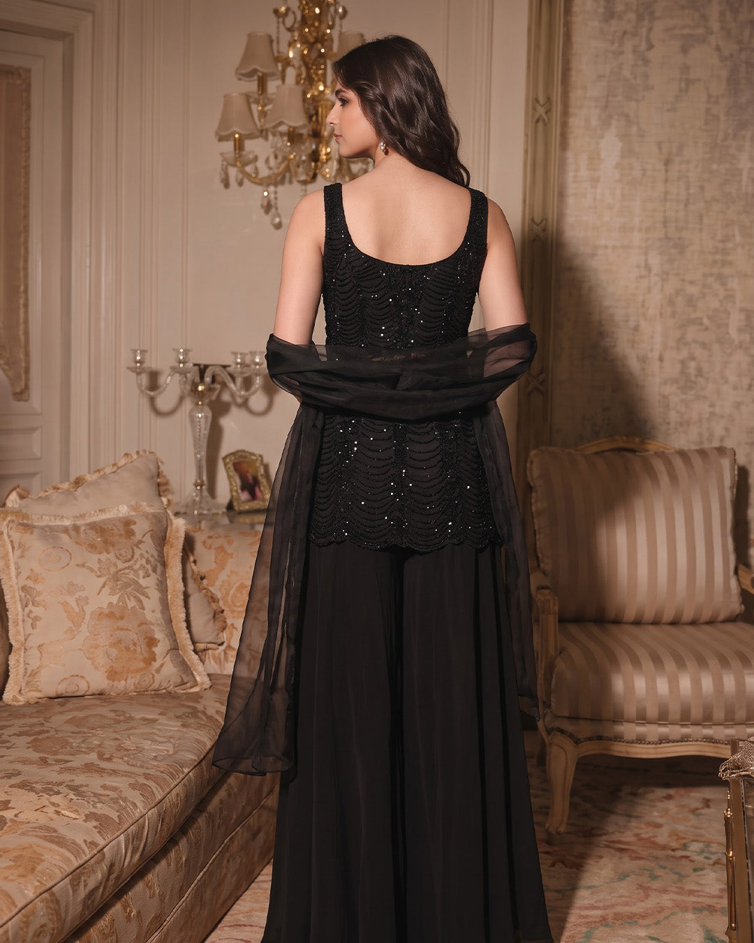 SOPHIA, Embroidered Net Indo-Western Sharara Set (Black)
